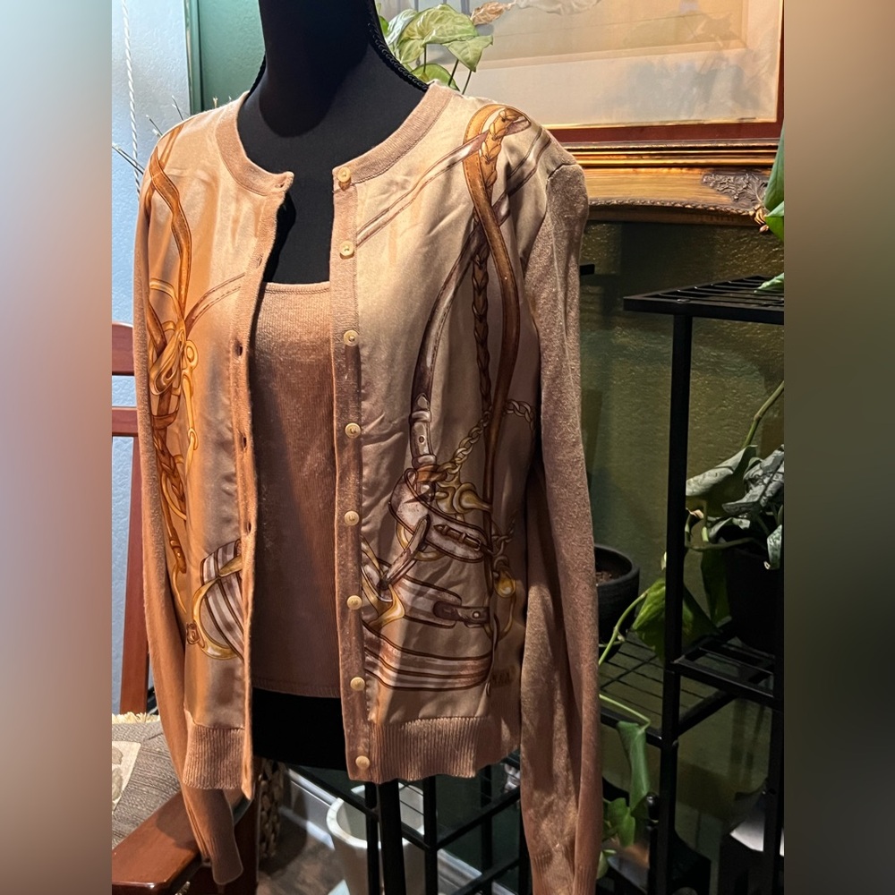 Ralph Lauren tan, silk and cashmere blend cardigan and tank top set - Picture 2 of 7